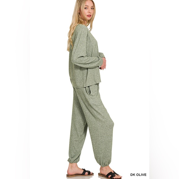 Zenana Soft Melange Hacci Long Slv Tee & Pants Set